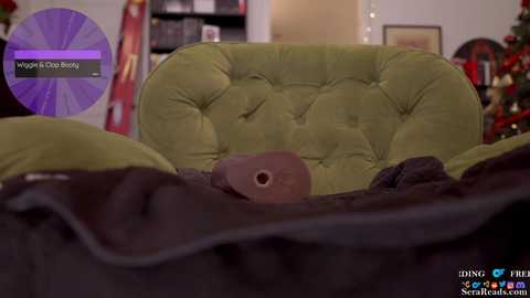 Media: A video of a cozy, dimly lit living room featuring a plush, green velvet armchair with a dark brown blanket draped over it. A red-and-green Christmas tree is partially visible in the background.