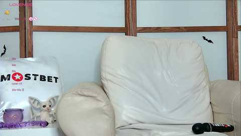 Media: Video of a beige leather sofa with a white cushion, adorned with a \"MOST\" bag and purple vibrator. Background features a wooden-framed window with bat silhouettes.