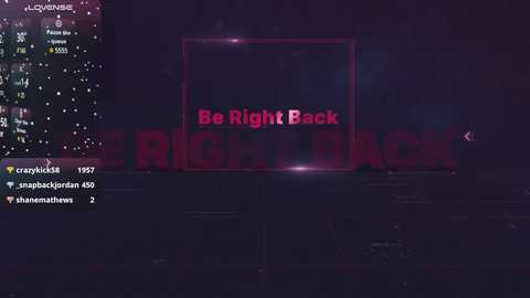 Media: A dimly lit, pixelated screenshot of a \"Be Right Back\" message on a computer screen with a dark background and a chat window displaying usernames.