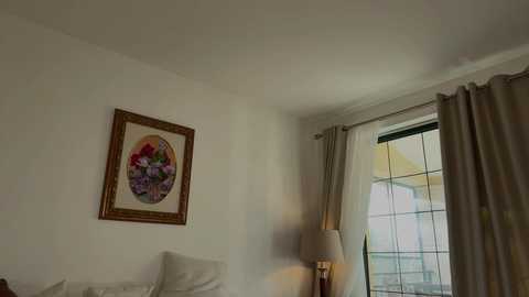 Media: Video of a minimalist bedroom with a beige wall, framed floral painting, white curtains, and a beige lampshade.