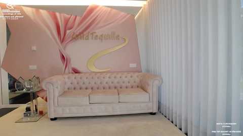 Media: Video of a chic, pastel-colored room with a plush, light pink tufted sofa against a wall featuring a large, stylized pink floral mural and white vertical blinds.