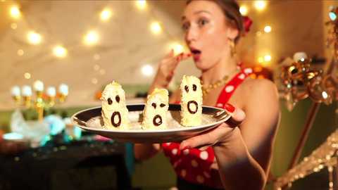 Media: Video of a woman in a red polka-dot dress, holding a plate with four chocolate cupcakes shaped like characters, in a warmly lit room with fairy lights and a chandelier.