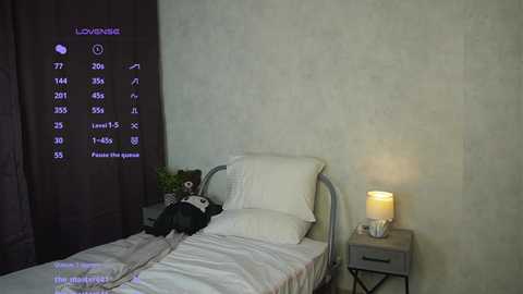 Media: Video of a minimalist hospital room with a single bed, white sheets, a dark curtain, and a nightstand with a lamp and a potted plant. The room's digital display shows patient information and vital signs.