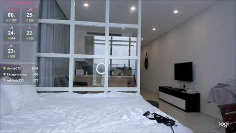 Media: Video of a modern, minimalist bedroom with white walls, a large window, and a bed covered in white sheets. The room features a flat-screen TV mounted on the wall and a sleek black and white dresser.