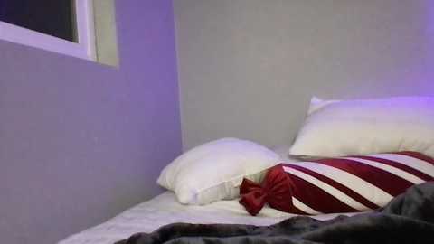 Media: Video of a minimalist bedroom with a grey wall, white pillow, and a bed with a white sheet and red-and-white striped pillowcase, featuring a plush, red bow.