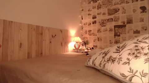 Media: Video of a cozy bedroom with beige walls, wooden paneling, floral-patterned bedding, and a nightstand with a lamp. The room exudes a warm, inviting atmosphere.