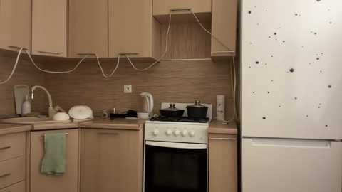 Media: Video of a small, modern kitchen with light wooden cabinets, beige tile backsplash, white stove, black pots, white kettle, and a white refrigerator with black speckles.