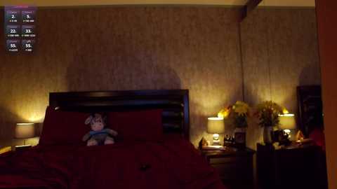 Media: Video of a dimly lit bedroom with a teddy bear on a red bed, a nightstand with a lamp and flowers, wallpaper, and a digital clock display.