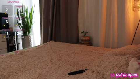 Media: Video of a cozy bedroom with a beige, fluffy rug, a black remote, and a potted plant. A digital display shows \"Loving You\" with a temperature of 22\u00b0C.