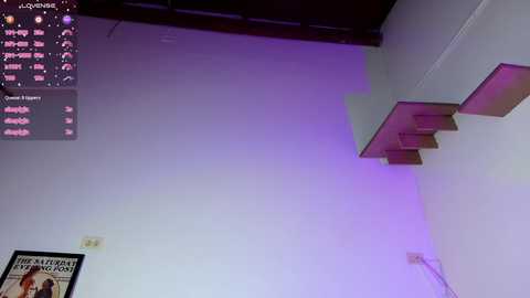 Media: Video of a modern, minimalist room with a white wall, a wooden staircase, and a small decorative poster on the left. A digital clock display with purple lighting is visible on the top left corner.