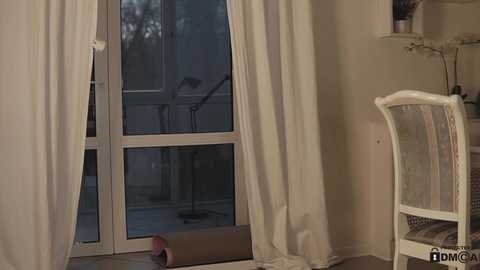 Media: Video of a dimly lit living room with cream-colored curtains, white-framed glass door, beige walls, and a white chair with a patterned cushion.