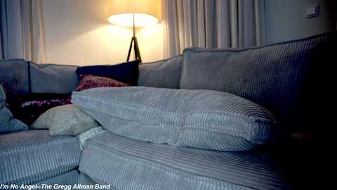 Media: Video of a cozy, dimly lit living room with a gray, ribbed sectional sofa, a black lamp, and sheer curtains, creating a warm, inviting atmosphere.