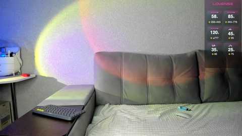 Media: A video of a modern bedroom with a gray headboard and a laptop on a nightstand, featuring a colorful rainbow light display on the wall.