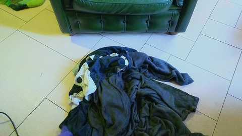 Media: Video of a dark green leather armchair on a tiled floor. A black and white shirt and a dark jacket are scattered around.