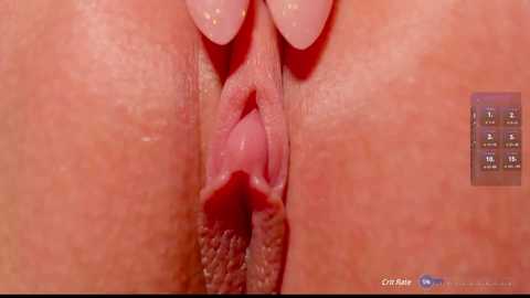 Media: Close-up video of a human vulva with visible labia and clitoral hood, set against a pinkish background. The image is highly detailed, showing natural skin texture and color variation.