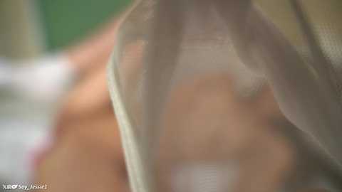 Media: A close-up video of a woman's hand and arm, partially obscured by a sheer, white fabric. The background is blurred, with hints of green and brown, suggesting an indoor setting. The image has a soft focus.