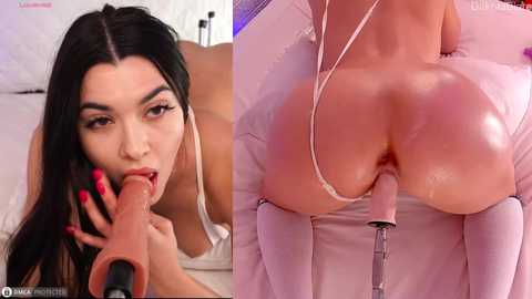 Media: Video: Left side, woman with long black hair, large breasts, and red nails, performing oral sex with a dildo. Right side, close-up of a woman's buttocks and a vibrator inserted.