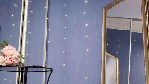 Media: Video of a pastel-colored room with light blue walls adorned with string lights. A glass vase holding pink peonies sits on a black metal stand, and a large mirror with a gold frame reflects the room.