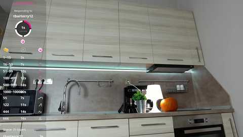 Media: Video of a modern kitchen with light wood cabinets, stainless steel appliances, a fruit bowl, and a digital display showing temperature and humidity.