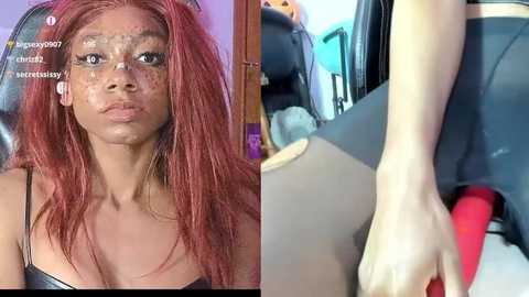 Media: Video split into two sections: left shows a young Black woman with long red hair, freckles, and a neutral expression, wearing a black top; right shows a close-up of a person's hand pulling down red shorts.