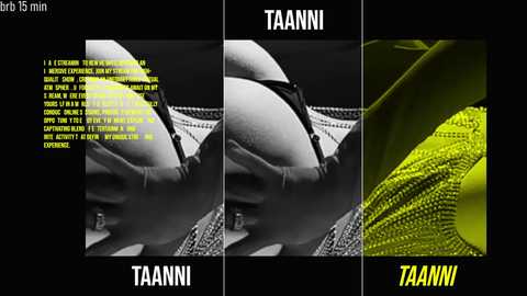 Media: A triptych of digitally edited images showcasing close-ups of a woman's face and a green leaf. Text overlays in yellow and black, \"TAANNI\" in white, and \"TAANNI\" in yellow.