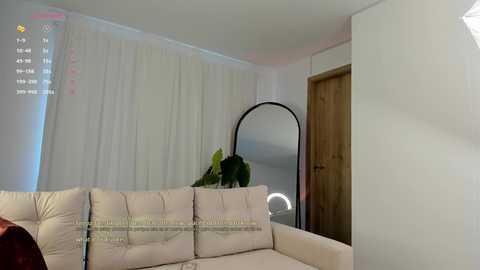 Media: Video of a modern living room with a beige sectional sofa, white curtains, a black round mirror, a wooden door, and a green potted plant, with a virtual camera overlay.