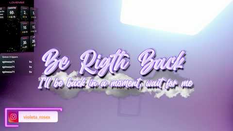 Media: Video of a purple wall with a digital text overlay: \"Be Right Back. I'll be back in a moment for me.\" In the bottom left corner, there's a pink \"Subscribe\" button.