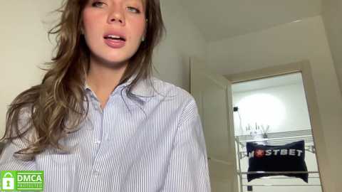 Media: Video of a young Caucasian woman with wavy brown hair, wearing a blue striped button-up shirt, looking slightly surprised. Background shows a door with a \"BOSTON\" flag, and a DMC logo watermark.