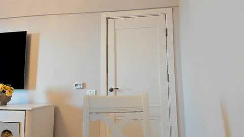 Media: A video of a minimalist room with a closed white door, a beige chair, a flat-screen TV on a white stand, and a small bouquet of yellow flowers on the stand.