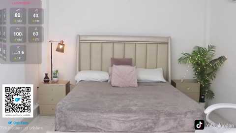 Media: Video of a minimalist bedroom with a beige bed, two pillows, a small lamp, and a large potted plant. QR code overlay in the bottom left corner.