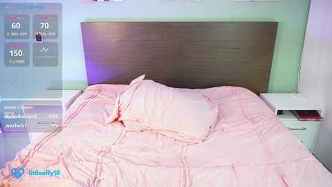 Media: Video of a neatly made bed with light pink, ruffled bedding and a wooden headboard against a pastel green wall. A white nightstand with a small drawer is on the right side.