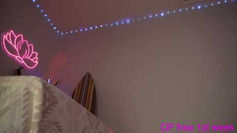 Media: Video of a bedroom with a neon pink lotus lamp on the left, a bed with striped sheets, and blue LED lights on the ceiling. Text reads \"sophiehawkinsxoxo\" in pink.