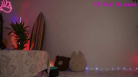 Media: Video of a dimly lit room with a white wall, a table covered with a floral tablecloth, a brown teddy bear, and a neon pink \"My Little Pony\" sign.