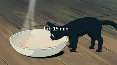 Media: A black cat with a pink tongue licks out of a white bowl on a wooden floor. The cat's fur is sleek, and the background is muted. The text \"hrb 15 min\" is overlaid.