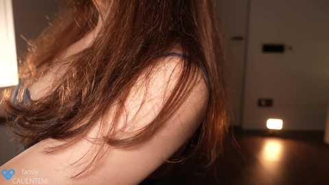 Media: Close-up video of a woman's shoulder with long, wavy brown hair, wearing a black tank top, indoors with a soft, warm light, and a blurred background.