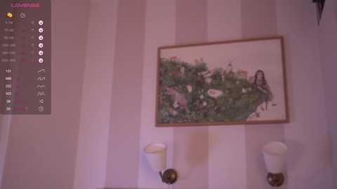 Media: A video of a minimalist, striped wallpaper room with a framed, abstract, green artwork featuring a woman's silhouette. Two white wall sconces flank the art, and a digital interface with a list of options is visible on the left.