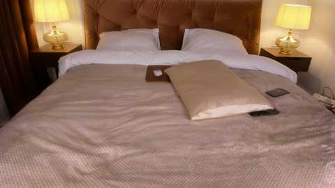 Media: A video of a neatly made hotel bed with a beige quilted comforter, two white pillows, and a beige pillow, placed centrally. The headboard is tufted in brown velvet. Two bedside tables hold matching beige lamps with gold bases.