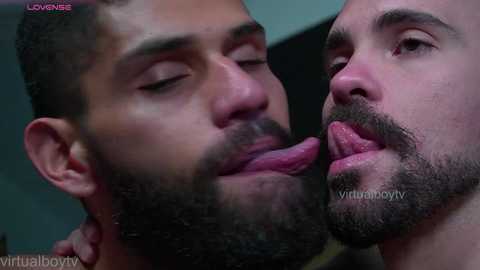 Media: Video of two men with dark hair and beards, kissing passionately, tongues intertwined. One has a muscular build, the other leaner. Background blurred, focus on their faces. Watermarked with \"Virtualboy.\