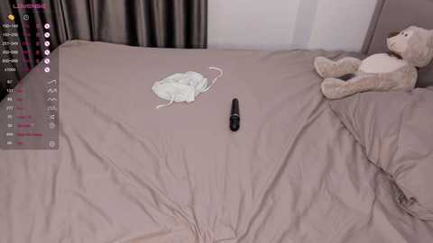 Media: Video of a beige bedspread with a stuffed animal and a black vibrator, positioned on a bed with dark curtains in the background.