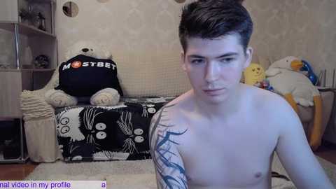 Media: A video of a shirtless young man with short dark hair, wearing a black tattoo on his right shoulder, sitting in a cluttered bedroom with a bear and a plush duck.