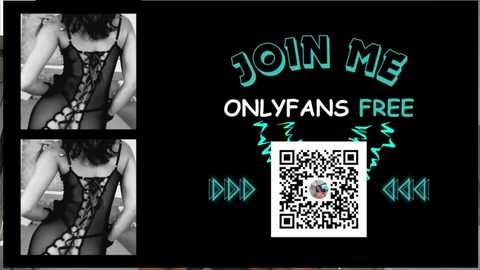 Media: Video collage of a woman in a black lace dress, flanked by a QR code, and teal text inviting viewers to join OnlyFans.