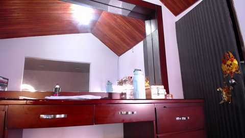 Media: Video of a modern bathroom with a wooden vanity, mirrored wall, and a large, framed mirror. The vanity holds toiletries and a towel, with a decorative floral arrangement on the wall.