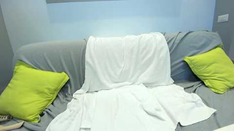 Media: Video of a gray couch with white blankets draped over it. Two green pillows are placed on the left side. The background is a plain, light blue wall.