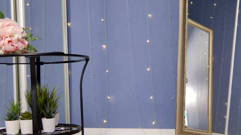 Media: Video of a serene, pastel-themed room with light blue walls adorned with fairy lights, a black metal table holding potted plants, and a large gold-framed mirror reflecting the space.