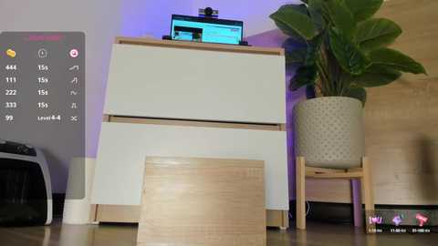 Media: A video of a minimalist living room with a white drawer unit, a green potted plant, a TV displaying a website, and a wooden floor.