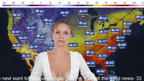 Media: A video of a blonde woman in a low-cut white top, standing in front of a weather map displaying heatwave warnings across the United States.