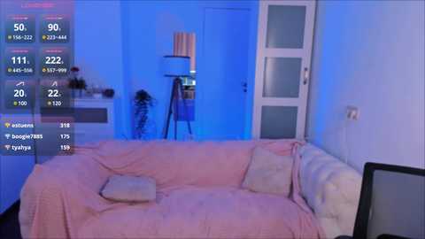 Media: Video of a dimly-lit, modern bedroom with a pink sofa, blue-toned lighting, and a live streaming overlay showing 190 viewers.