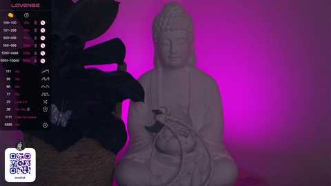 Media: Video of a serene, white Buddha statue under a purple light, set against a dark background with a black plant and a QR code logo.