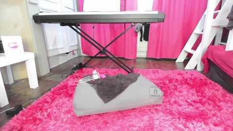 Media: Video of a modern, pink-themed bedroom with a raised platform bed, a black keyboard, and a fluffy pink rug. The room features white walls, white curtains, and a white ladder.