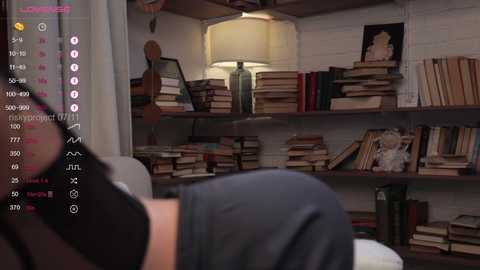 Media: Video of a cozy, book-filled living room with wooden shelves, a white brick wall, a lit table lamp, and a framed portrait. A person with short, dark hair is seen from behind, wearing a black shirt.